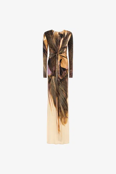 Roberto Cavalli Printed Stretch Jersey Long Dress W/knot In Light Brown