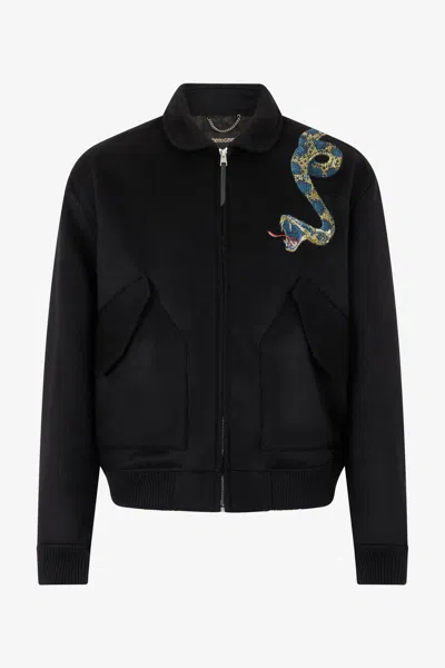 Roberto Cavalli Black Bomber Jacket With Snake Embroidery