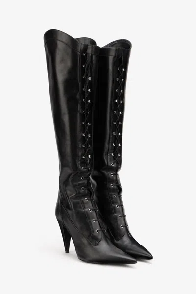 Roberto Cavalli Schwarze Lederstiefel Mit Absatz In Black