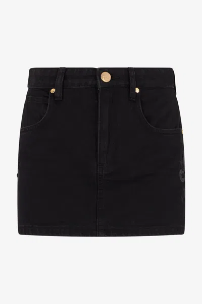 Roberto Cavalli Black Denim Mini Skirt With Snake Embroidery