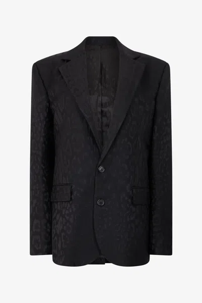 Roberto Cavalli Leopard-jacquard Notched-lapel Jacket In Black