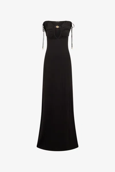 Roberto Cavalli Black Maxi Dress With Mirror Snake Detail