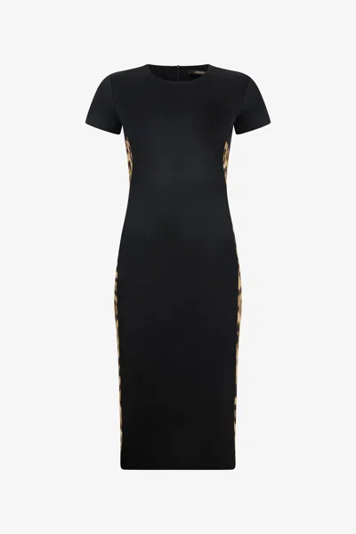 Roberto Cavalli Black Midi Dress With Leopard Print Panels