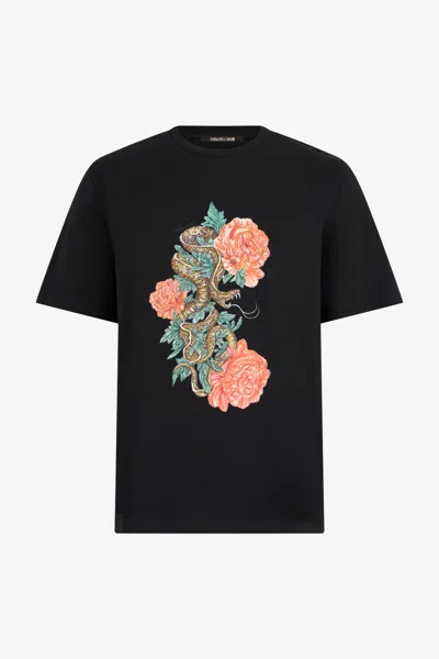 Roberto Cavalli Schwarzes T-shirt Mit Schlangen Und Blumen Print In Black