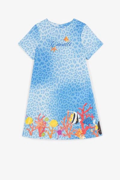 Roberto Cavalli Sea-motif Leopard-print Dress In Light Blue