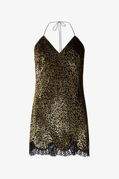 Roberto Cavalli Macro Leopard Print Silk Slip Dress In Green