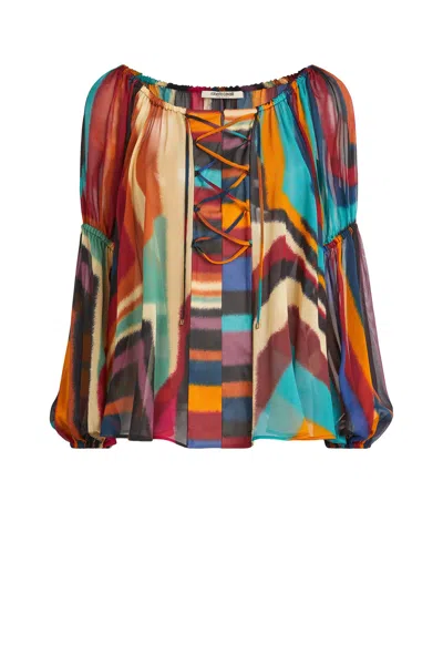 Roberto Cavalli Abstract-print Lace-up Blouse In Multi