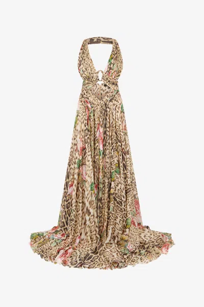Roberto Cavalli Jaguar-print Cut-out Gown In Brown