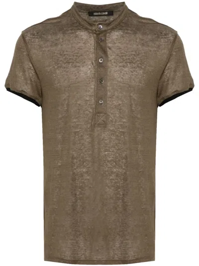 Roberto Cavalli Semi-sheer Cotton Polo Shirt In Brown