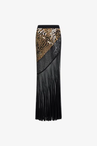 Roberto Cavalli Semi-transparent Skirt With Jaguar Skin Print In Light Brown/black