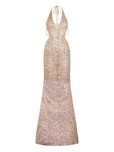 Roberto Cavalli Deep Neckline Silver Sequin Dress With Lace-up Detail In Grey