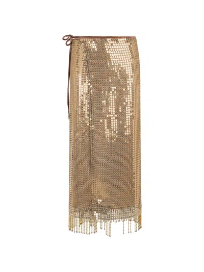 Roberto Cavalli Sequin Fringed Midi Skirt In Gold