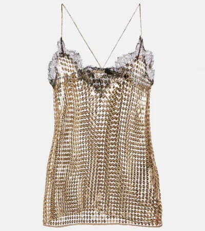 Roberto Cavalli Sequined Lace-trimmed Top In Gold