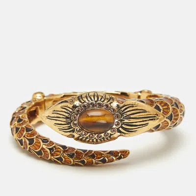 Pre-owned Roberto Cavalli Serpent Head Enamel Gold Tone Detailed Open Cuff Bracelet