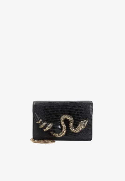 Roberto Cavalli Serpentine Chain Clutch In Lizard Print Leather In Black