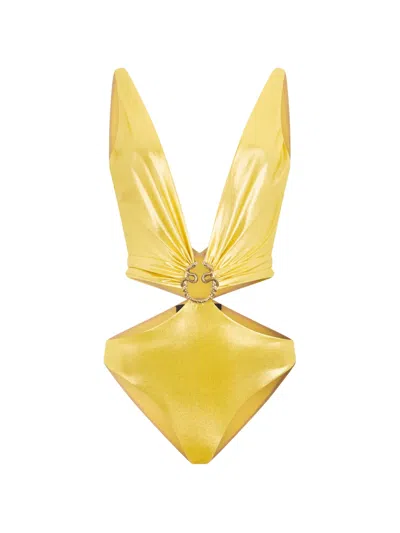 Roberto Cavalli One-piece Swimsuit With Serpentine Detailing In Yellow