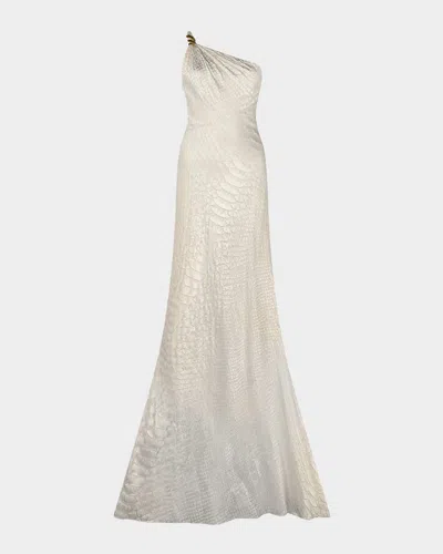 Roberto Cavalli Serpentine-print Silk One-shoulder Maxi Dress In White