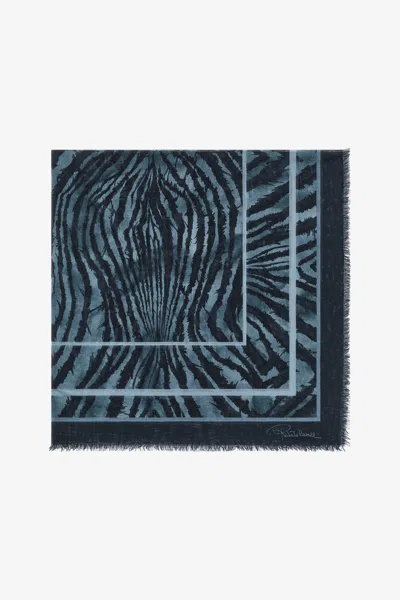 Roberto Cavalli Shawl With Freedom Print In Blue
