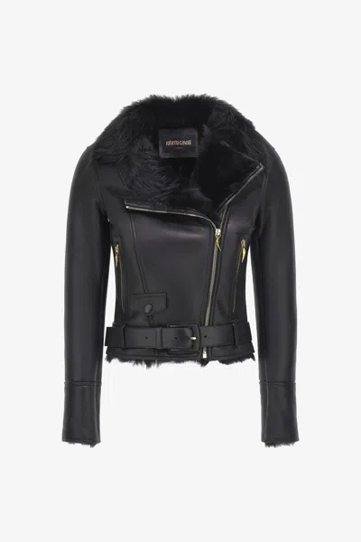 Roberto Cavalli Shearling Biker Jacket In Black