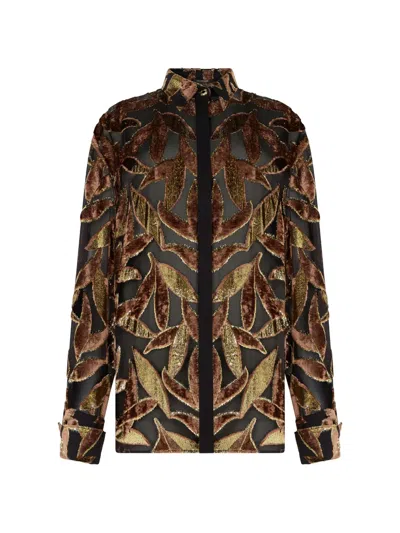 Roberto Cavalli Sheer Foliage Motif Shirt In Multi