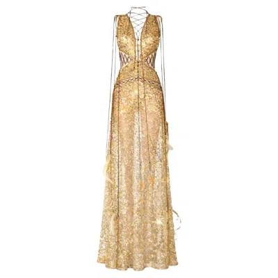 Pre-owned Roberto Cavalli Sheer Gold Sequin Evening Gown Spring 2017 Size 40it In Brown