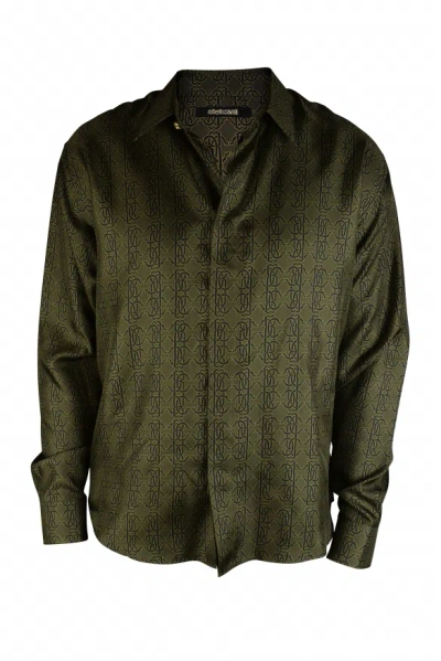 Roberto Cavalli Silk Shirt With Monogrammed Rc Print In Green