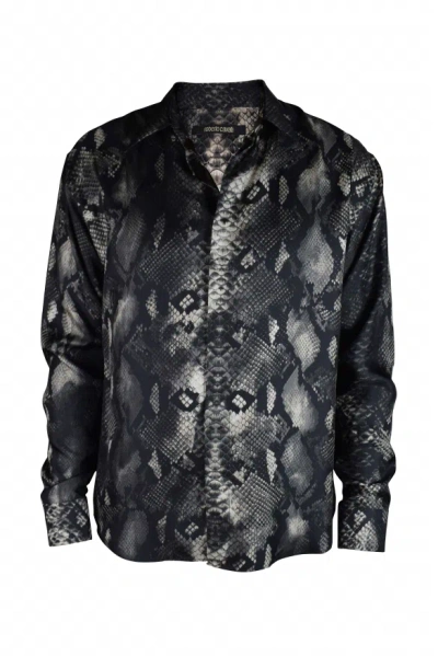 Roberto Cavalli Animal Print Silk Shirt With Classic Collar In Black