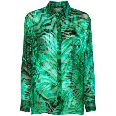 Roberto Cavalli Abstract Pattern Sheer Fabric Long Sleeves In Green