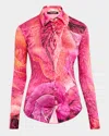 Roberto Cavalli Shirt With Bejeweled Buttons And Rose Print In Rosa