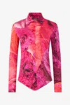 Roberto Cavalli Shirt With Bejeweled Buttons And Rose Print In Fuchsia