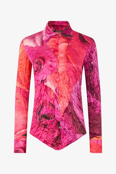 Roberto Cavalli Shirt With Bejeweled Buttons And Rose Print In Fuchsia