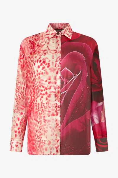 Roberto Cavalli Shirt With Jaguar Skin And Rose Print In Red
