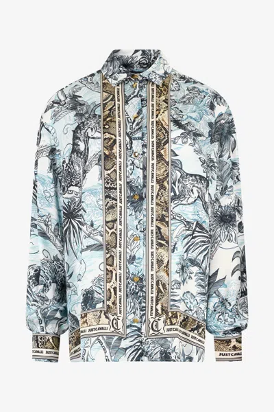 Roberto Cavalli Shirt With Jungle And Python Print In Light Blue