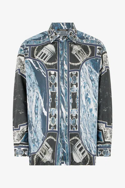 Roberto Cavalli Shirt With Marble Print And Embellishments In Dark Blue