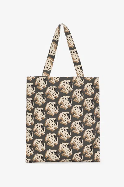 Roberto Cavalli Shopper Bag With Monogram Mirror Snake In Black/multicolor