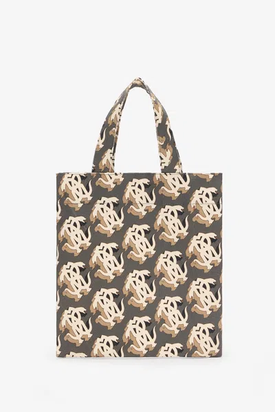Roberto Cavalli Shopper Bag With Monogram Mirror Snake In Multicolor