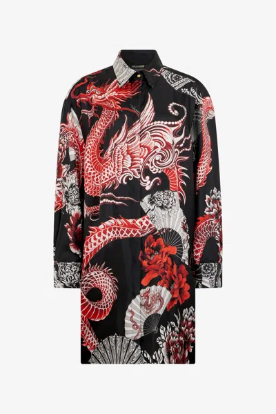 Roberto Cavalli Short Dress Black With Red And White Dragon Print In Animal Print