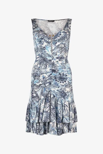 Roberto Cavalli Short Dress With Jungle Print In Light Blue