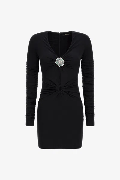 Roberto Cavalli Short Dress With Ruffles And Stones In Black