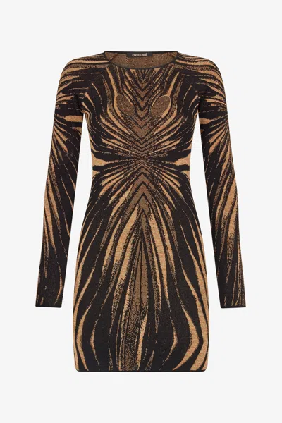 Roberto Cavalli Short Knit Dress With Ray Of Gold Print