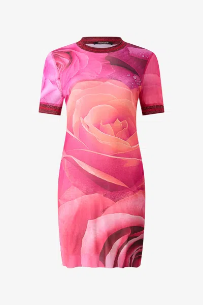 Roberto Cavalli Short Dress With Rose Print And Glitter Borders In Rosa