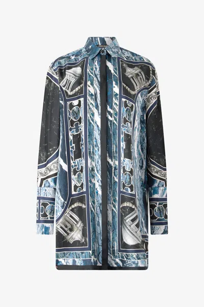 Roberto Cavalli Long Shirt With Marble Print In Blue