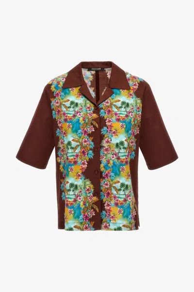 Roberto Cavalli Short-sleeved Hawaii Print Shirt In Dark Brown/light Blue