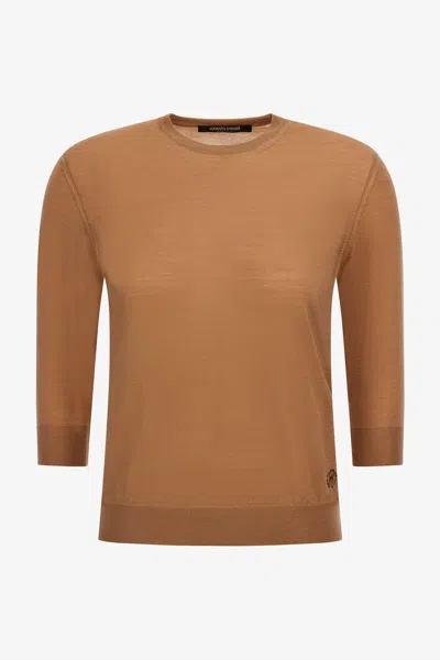 Roberto Cavalli Short-sleeved Sweater In Brown