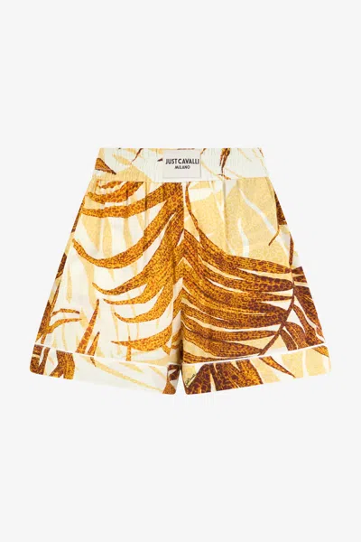 Roberto Cavalli Golden Palm Print Shorts In Yellow