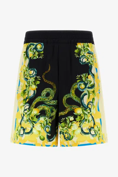 Roberto Cavalli Shorts With Lemon Snake Print In Black/yellow