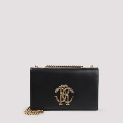 Roberto Cavalli Black Leather Shoulder Bag With Gold Emblem In Purple