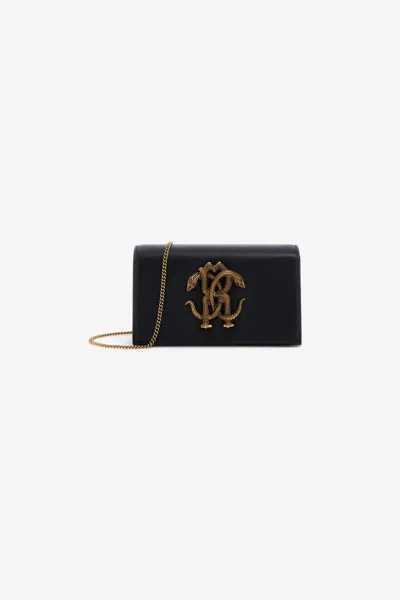 Roberto Cavalli Shoulder Bag With Monogram Mirror Snake In Black