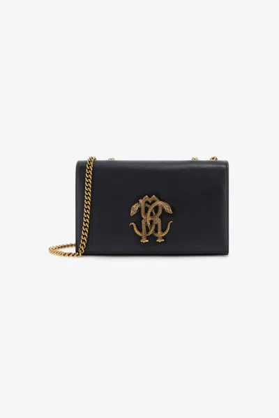 Roberto Cavalli Shoulder Bag With Monogram Mirror Snake In Black