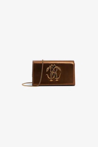 Roberto Cavalli Shoulder Bag With Monogram Mirror Snake In Bronze